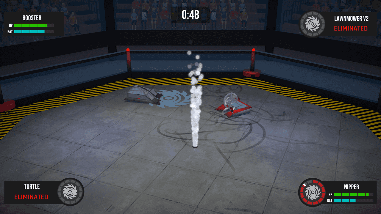 Screenshot of live gameplay featuring 2 bots with moderate damage.