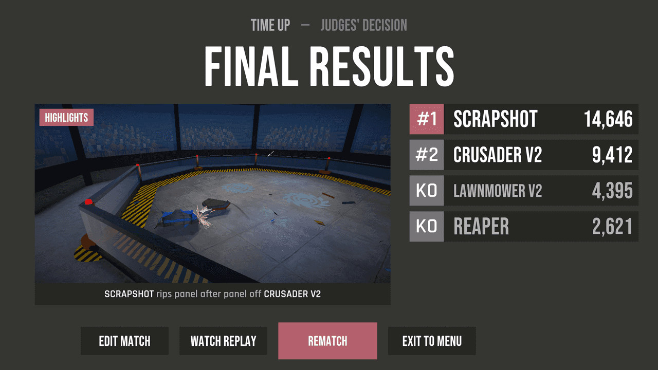 Fight Result screen showing scores and a highlight reel of best moments.
